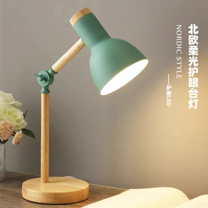 Creative Nordic Table Lamp Wooden Art LED Turn Head Simple Bedside Desk Light/Eye Protection Reading&Bedroom Study Lamp Quick Pick Grocers