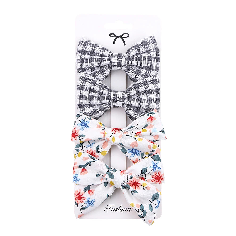 4Pcs/Set Baby Bows Hair Clips Muslin Girls Hairpins Hairclip For Kids Cotton Linen Barrette Flower Print Side Pin  Accessories Purest Peak