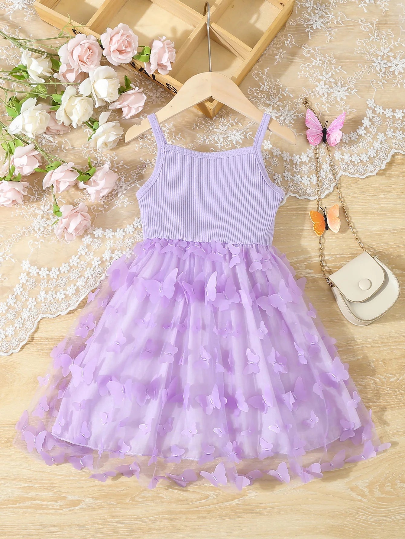 Summer Toddler  Kids  Girl's Clothes  Baby's Butterfly Decor Mesh Splicing Cami Dress Elegant Sleeveless Princess Dress Quick Pick Grocers