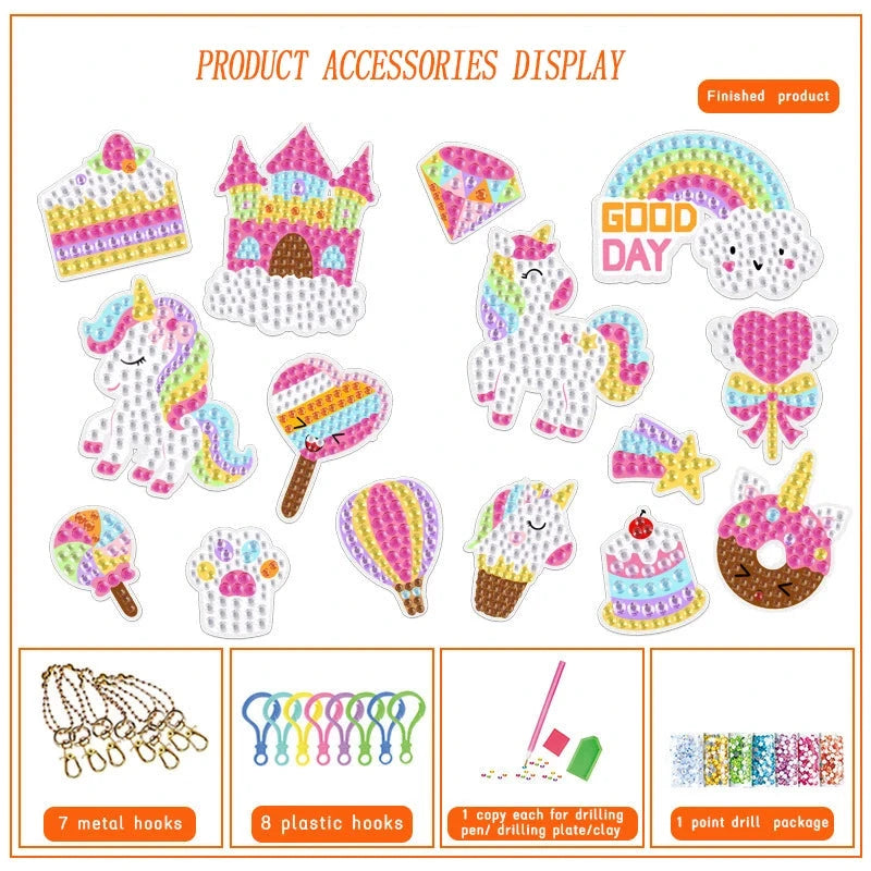 Children's cartoon unicorn magic gemstone diamond painting children's set, homemade keychain sticker art craft children's girl Econic Blanks