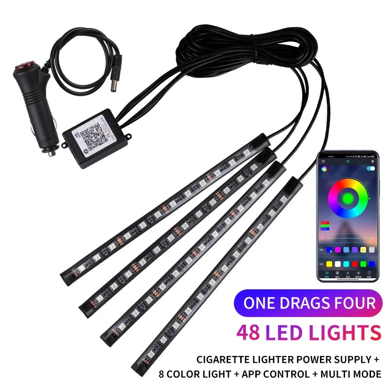 Neon LED Car Interior Ambient Light Kit – RGB Foot Strip Lighting with APP & Remote Control, Music Sync Car Decor Lamp Econic Blanks
