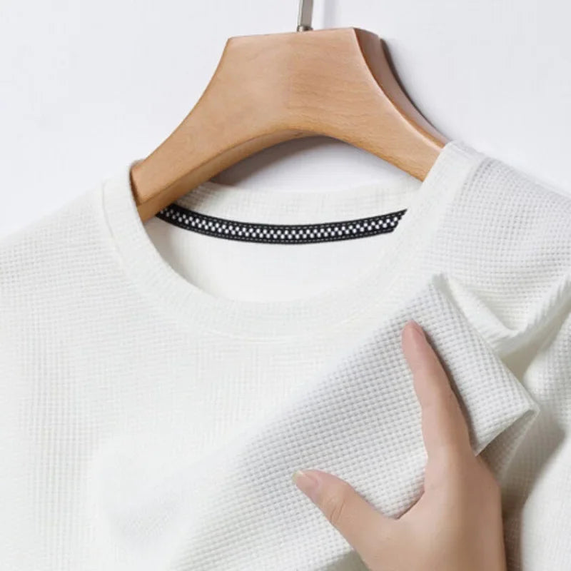New Summer Waffle Round Neck Short Sleeved T-shirt for Men's Short Sleeved Top Quick Pick Grocers