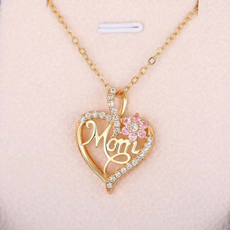 Huitan Mother's Day Necklace for Mom Luxury Trendy Craved Pendant Necklace Pink Flower Aesthetic Neck Accessories Love Jewelry Quick Pick Grocers