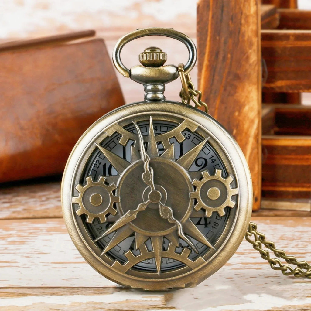 Exquisite Retro Bronze Steampunk Hollow Gear Design Quartz Pocket Watch with Necklace Chain Leisure Pendant Gift Men's Clock Quick Pick Grocers