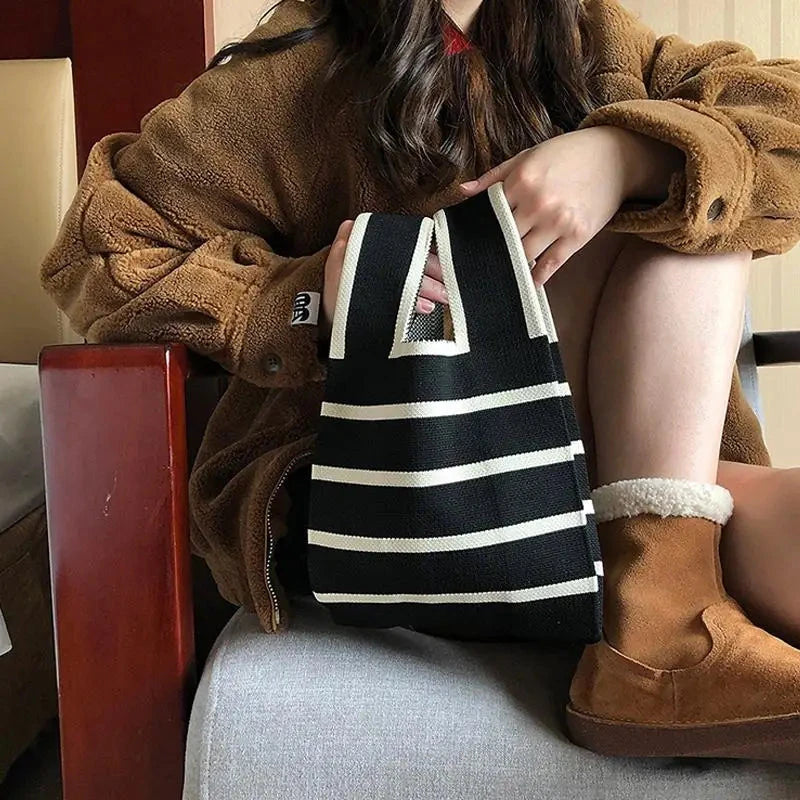 Women Handmade Knitted Small Handbag Casual Wrist Bag Wide Stripe Stripe Shopper Mini Tote Student Reusable Shoulder Bag Econic Blanks