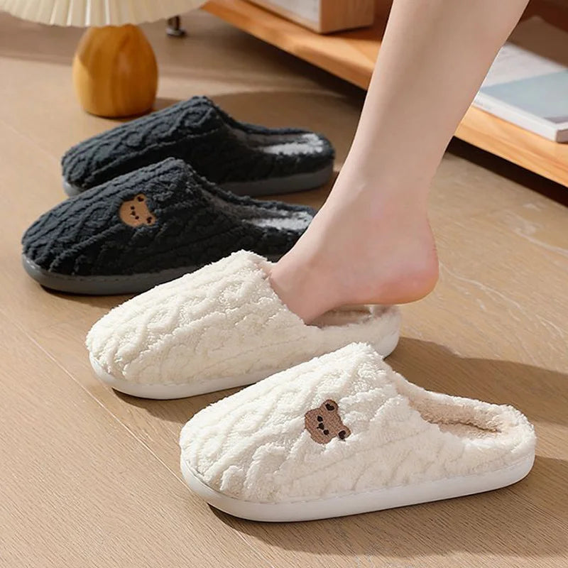 Winter Fluffy Shoes Women Cotton Slippers Cartoon Bear Thick Sole Warm Slides Men Female Couple House Indoor Plush Flat Shoes Purest Peak