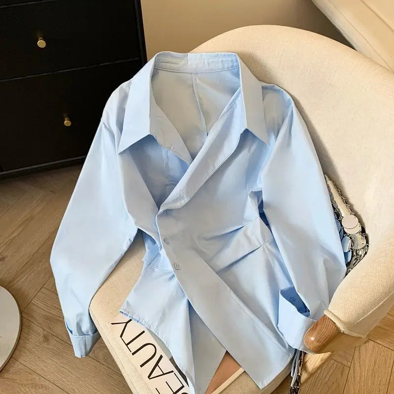 Designer Irregular Long sleeve Polo Shirt Women Tunic White Elegant Basic Top Blouse Ladies Fashion Work Wear Shirts Quick Pick Grocers