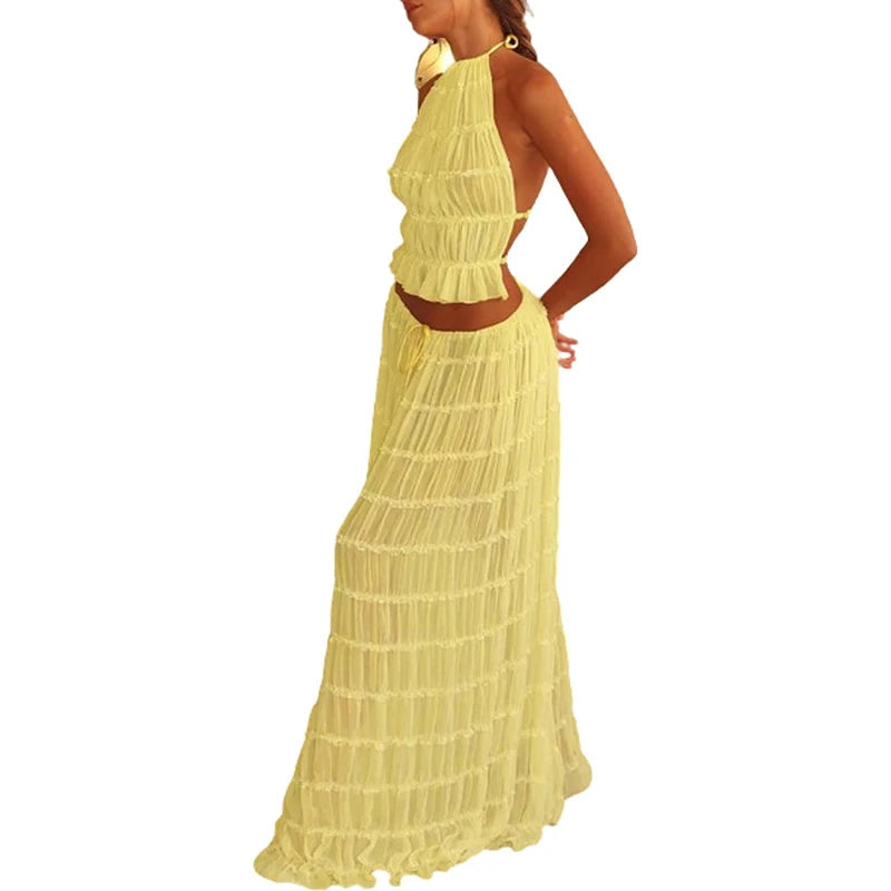 Women Boho Sexy Backless Matching Suit 2 Piece Beach Holiday Outfits Vintage Ruched Halter Cami Tops + Maxi Long Skirt Party Quick Pick Grocers
