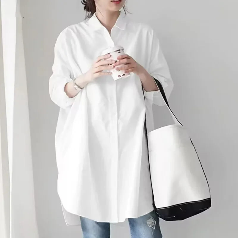 White Loose Long Sleeve Women's Shirt Lazy Design Sense Fashionable Midi New Style Button up Casual Office Wear Quick Pick Grocers