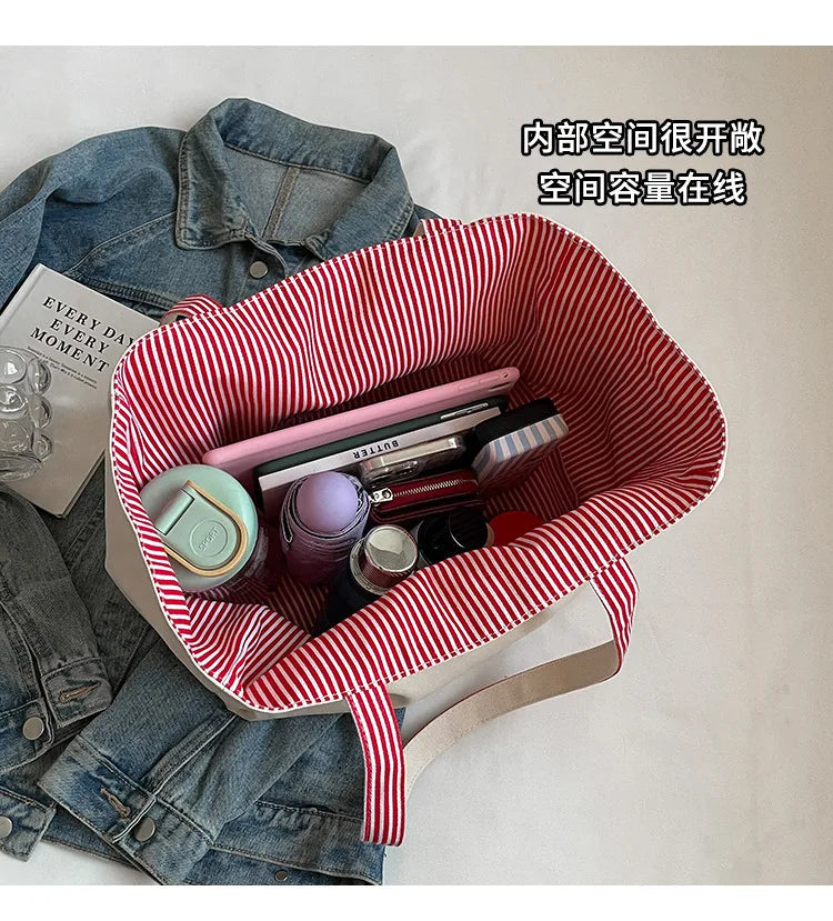 Casual Large Stripe Women's Shoulder Bag 2025 New Fashion Commuter Tote Bag High Capaci Canvas Handbag for Youth bolso mujer Quick Pick Grocers