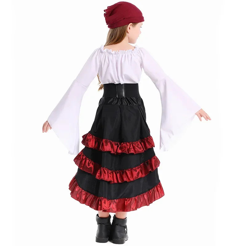 Halloween Kids Girls Medieval Pirate Cosplay Costume Captain Huntress Corset Dress Lace Up Retro Gothic Suit Fancy Party Dresses Quick Pick Grocers