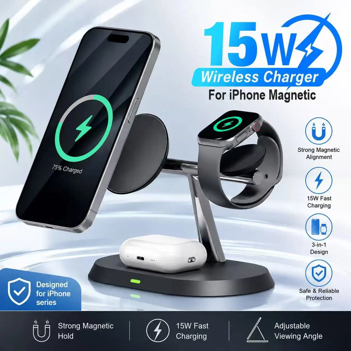 3 in 1 Magnetic Wireless Charger Stand for Magsafe iPhone 16/15/14/13/12 Apple Watch 8/7 & Airpods Pro Fast Charging Station Quick Pick Grocers