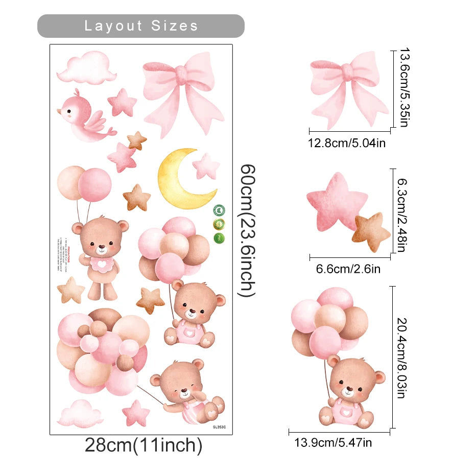 Pink Cartoon Bear Balloon Wall Stickers for Kids Room Decoration Baby Girls Baby Boys Room Wall Decals Kindergarten Nursery Room Quick Pick Grocers