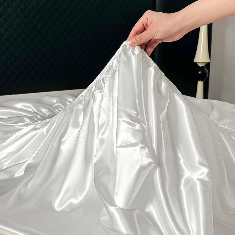 Satin Elastic Fitted Sheet Solid Mattress Cover 360 Band Bed Sheet for Single Double Couple King Queen Full Twin Bedsheet Quick Pick Grocers