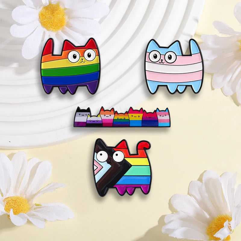 LGBT Pride Rainbow Striped Cat Brooch Enamel Pins Cute Cartoon Big Eye Kitten Brooch Lapel Badge Animal Jewelry Gift for Friends Quick Pick Grocers