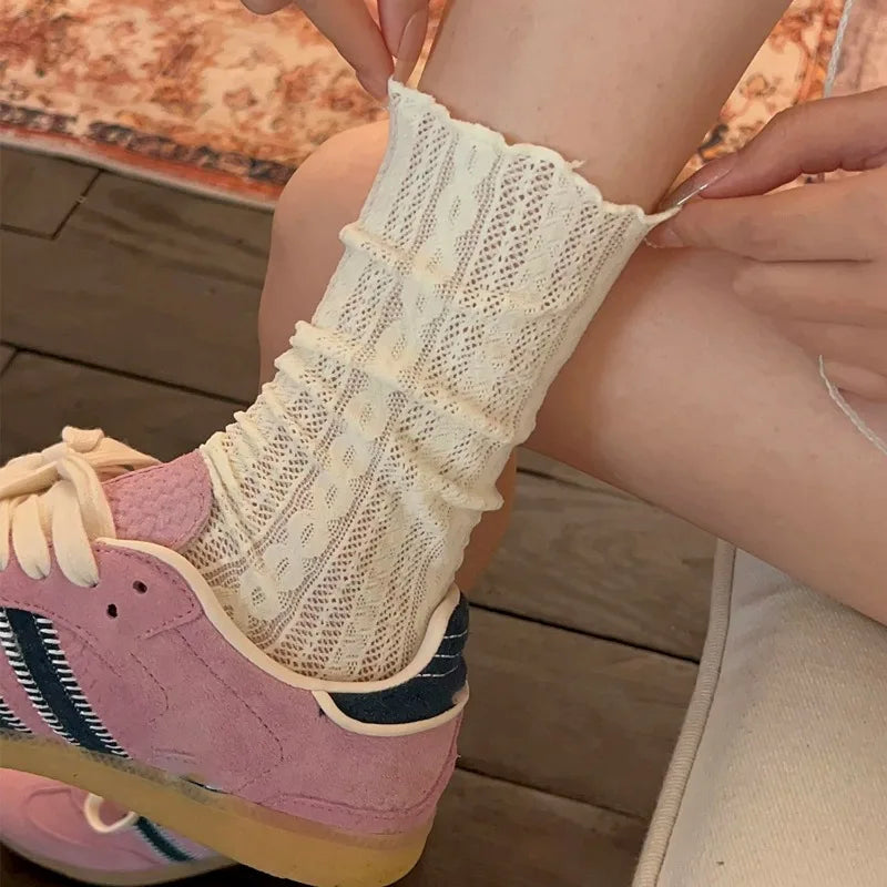 Japanese Kawaii Girls Cute Socks Spring Summer Mesh Hollow Out Women Socks Solid Color Female Harajuku Retro Vintage Long Socks Quick Pick Grocers