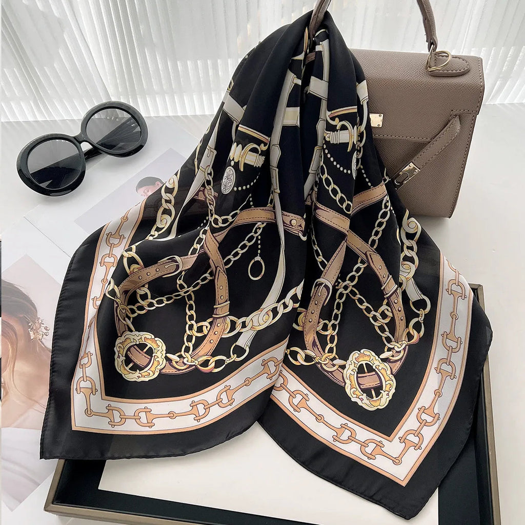 68cm Retro Chain Print Scarf Head Scarfs for Women Luxury Polyester Fiber Thin Scarf Trendy Versatile Neck Gaiter Shawl Hijab Quick Pick Grocers