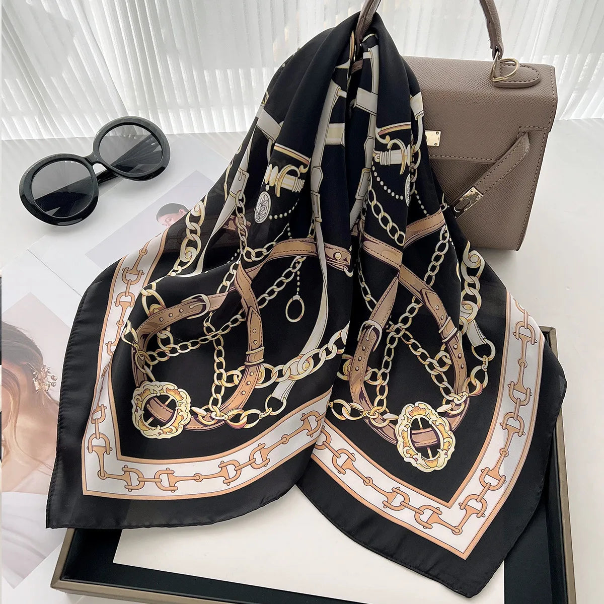 68cm Retro Chain Print Scarf Head Scarfs for Women Luxury Polyester Fiber Thin Scarf Trendy Versatile Neck Gaiter Shawl Hijab Quick Pick Grocers