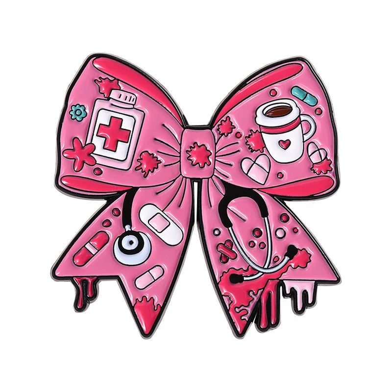 Pink Bowknot Medical Tools Stethoscope Enamel Pins Surgical Gloves Capsule Band Aid Brooches Clothes Lapel Badges Jewelry Gift Quick Pick Grocers