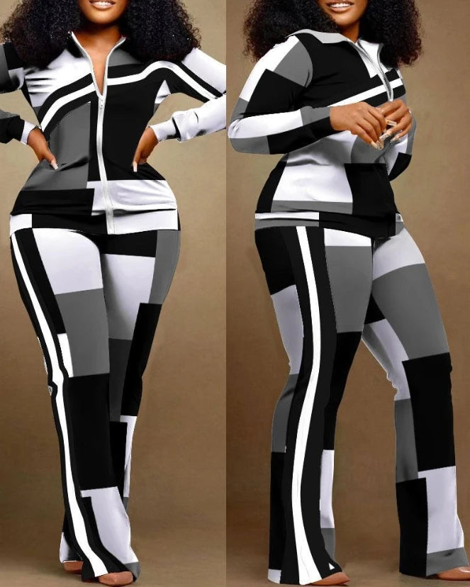 Two Piece Set Women Outfit 2023 Autumn Fashion Geometric Print Stand Collar Long Sleeve Zip Up Top & Casual Sporty Pants Set Quick Pick Grocers