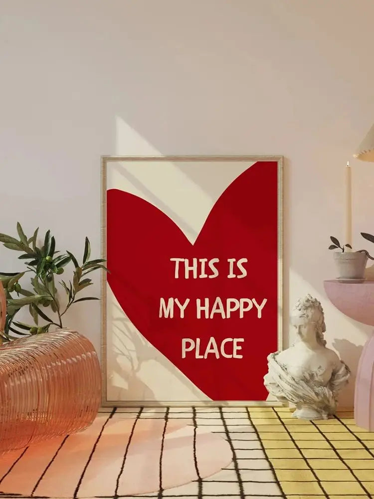 Lovely Trendy Red Heart Canvas Art Paintings Aesthetic This Is My Happy Place Wall Posters Prints for Living Room Home Decor Quick Pick Grocers