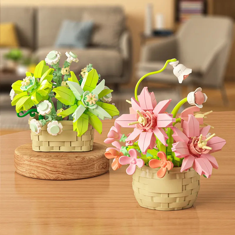 DIY MOC Potted Rose Sunflower Plants Succulents Bonsai Tree Gardens Romantic Building Blocks Model Bricks Kids Sets Kits Toys Purest Peak Salt