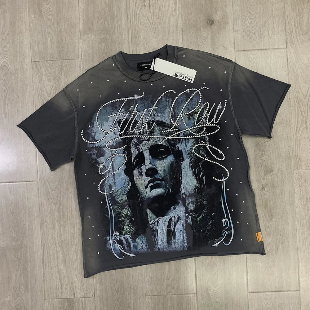Streetwear Vintage Washed Diamond Cropped Tee for Men Crew Neck Short Sleeve Loose Cotton Rhineston Tshirts Oversized Quick Pick Grocers