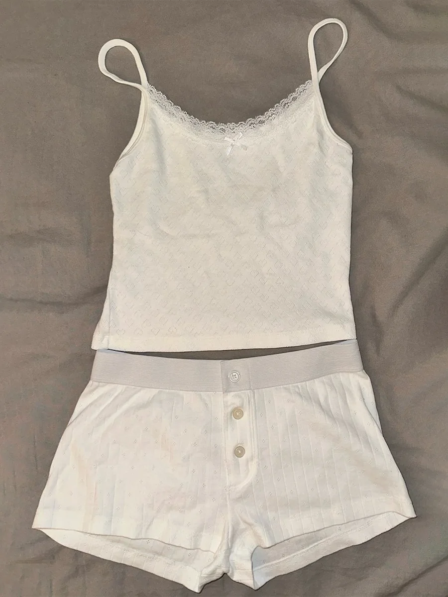 Strawberry Vest Shorts 2 Pieces Set Woman Eyelet Bow Slim Tank Top with Elastic Waist Patchwork Straight Short Pant Sweet Sets Quick Pick Grocers