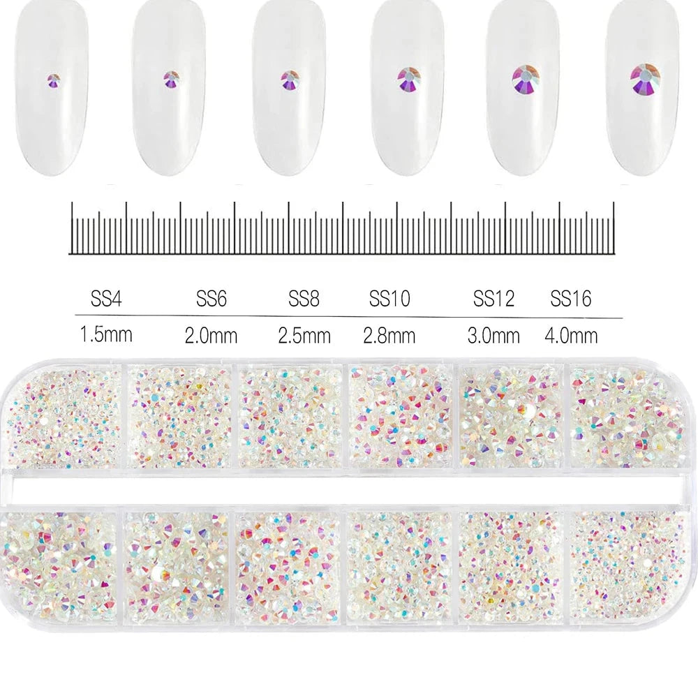 2400pcs+ Shiny Clear Crystal Gems Nail Rhinestones 1.5-4mm Mixed Round Glass Stone Flatback Nail Charms 12grids Nail Diamond DIY Econic Blanks