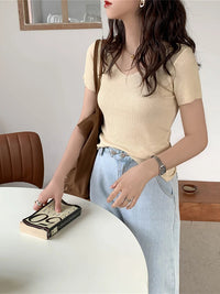AOSSVIAO 2026 Basic V-neck Solid Thin Summer Pullover Women Female Knitted Ribbed Sweater Slim Short Sleeve Bodycon Sweater Quick Pick Grocers