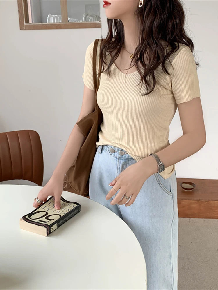 AOSSVIAO 2026 Basic V-neck Solid Thin Summer Pullover Women Female Knitted Ribbed Sweater Slim Short Sleeve Bodycon Sweater Quick Pick Grocers