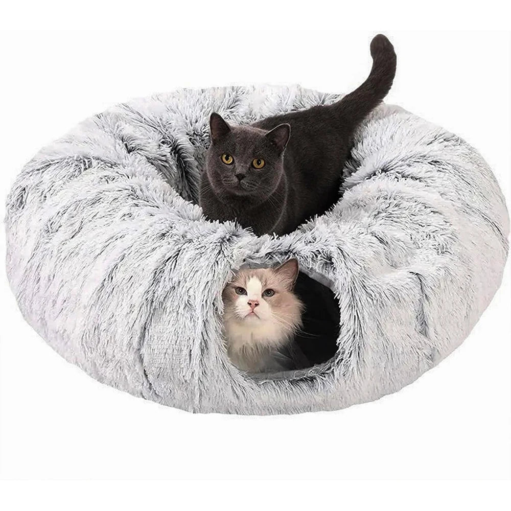 Winter New Arrival Plush Cat Tunnel Bed Foldable Two-in-One round Warmth Pet Nest Thickened Cozy Cuddly Cat Hideaway Quick Pick Grocers