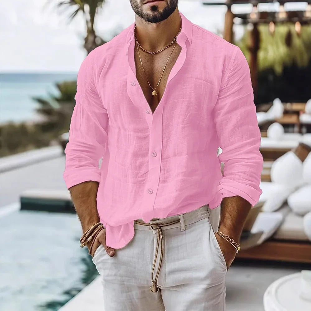 Cotton Linen Shirt for Men Summer Beach Style Solid Color Single Breasted Breathable Shirts Lightweight Stylish Button Tops Quick Pick Grocers