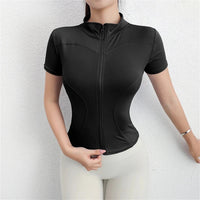 Women Summer Slim Yoga Tops Stand Collar Full Zipper Short Sleeves Shirts Solid Workout Clothes Gym Running Coats Lady Casual Quick Pick Grocers