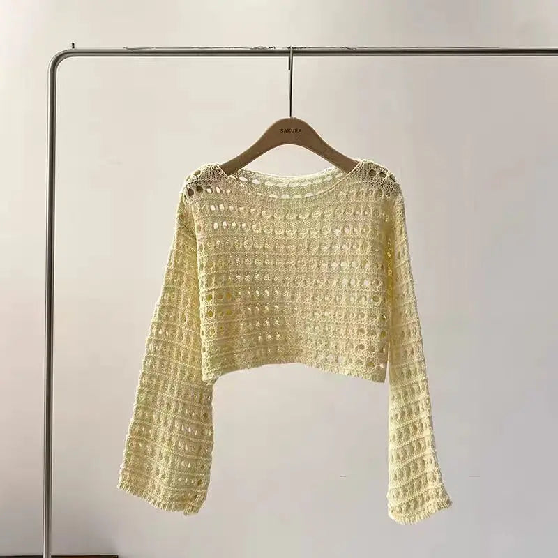 Long Sleeve Crochet Knit Top Summer Beach Bikini Cover Up Crop Pullover Wool Knitwear Blouse Women Vacation Boho Outfit Quick Pick Grocers