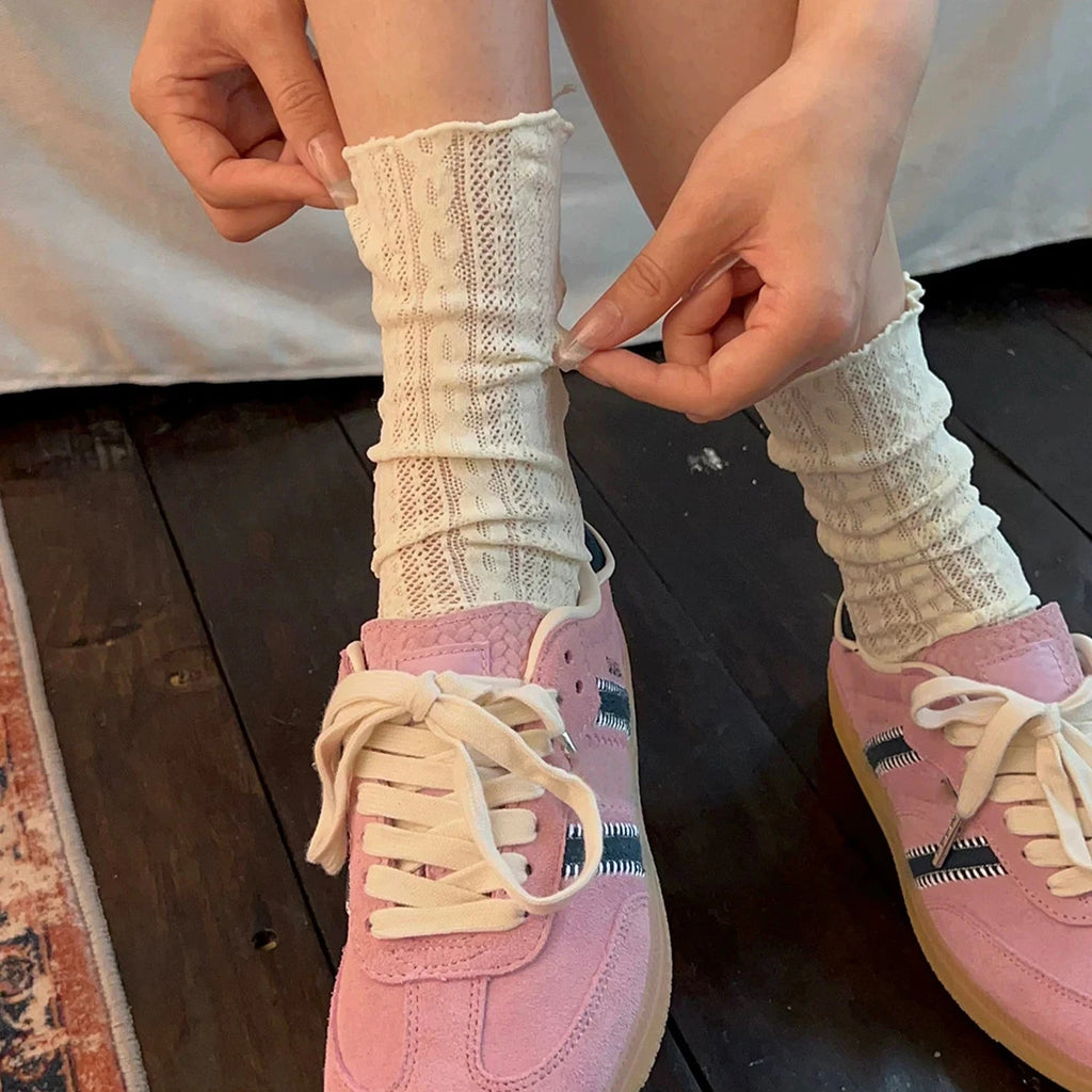 Japanese Kawaii Girls Cute Socks Spring Summer Mesh Hollow Out Women Socks Solid Color Female Harajuku Retro Vintage Long Socks Quick Pick Grocers