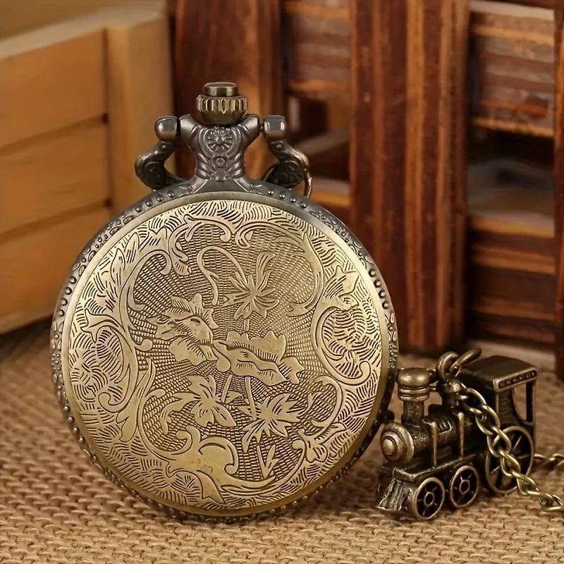 Vintage Bronze Train Locomotive Steampunk Quartz Pocket Watch Necklace Pendant with Chain Best Gift for Men Women reloj bolsillo Quick Pick Grocers