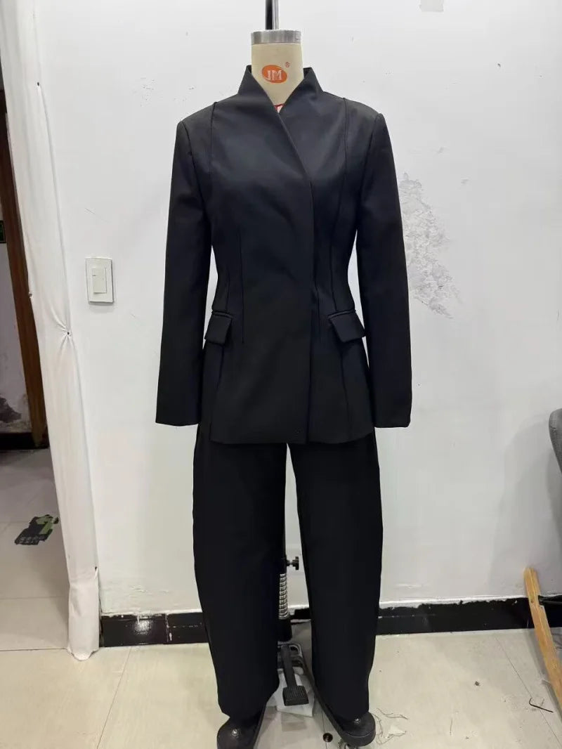 ETJ 2025 women's new fashion design three-dimensional cut high collar slim suit jacket & matching casual trousers Quick Pick Grocers