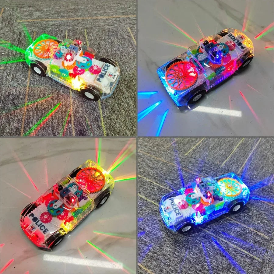 Light Up Transparent Gears Police Car Toy for Kids Bump and Go Toy Car for Boys Girl Educational Baby Toys Car Music LED Effects Quick Pick Grocers