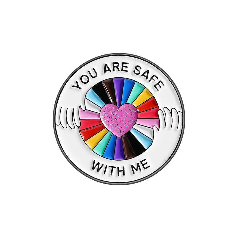 LGBTQ Pride Collect You Are Safe With Me Enamel Pins Rainbow Spaceship UFO Shield Cat Brooches Lapel Badges Jewelry Lover Gifts Quick Pick Grocers