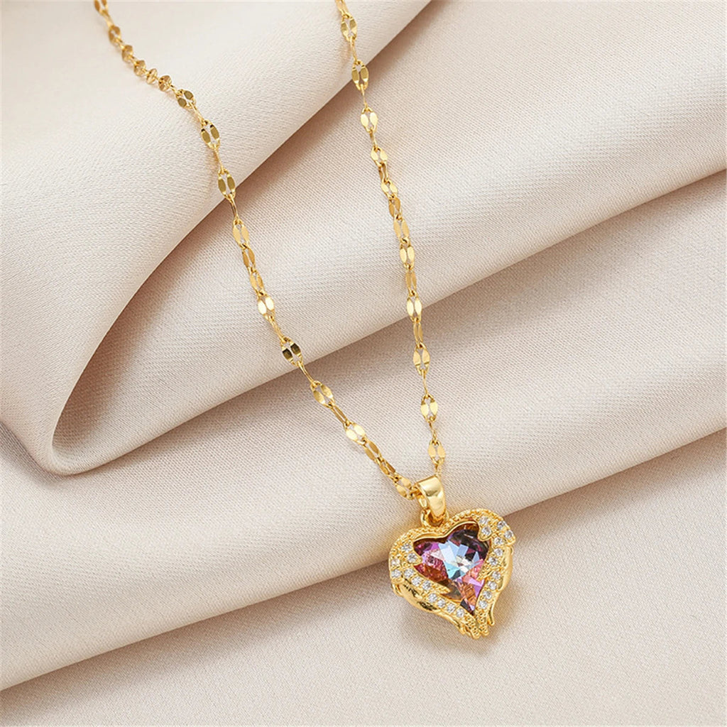 Top Luxury Colorful Crystal Ocean Heart Pendant Necklace For Women Trendy 316L Stainless Steel Jewelry Female Wedding Neck Chain Quick Pick Grocers
