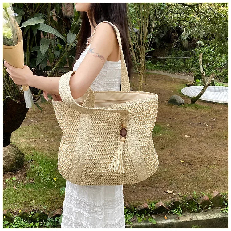 Elegant Ladies Straw Woven Handbag Women Holiday Beach Commute Casual Tote Top-Handle Bags Fashion Retro Shoulder Bags 2024 Quick Pick Grocers