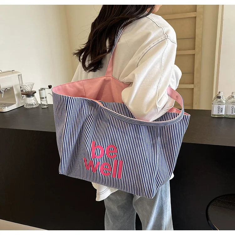 Casual Large Stripe Women's Shoulder Bag 2025 New Fashion Commuter Tote Bag High Capaci Canvas Handbag for Youth bolso mujer Quick Pick Grocers