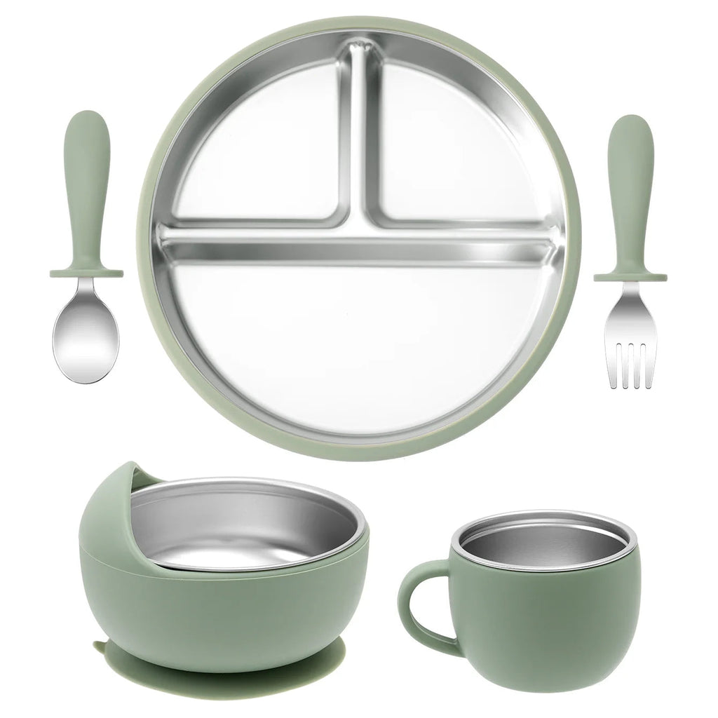 5PCS Stainless Steel Dishes Plate Baby Feeding Set With Detachable Silicone Sucker Bowl BPA Free Infant Fork Spoon Cup Gifts Purest Peak
