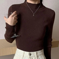 Autumn Winter Mock Neck Women Sweater Vintage Basic Solid Knitted Tops Casual Slim Pullover Korean Sweaters Simple Chic Jumpers Quick Pick Grocers
