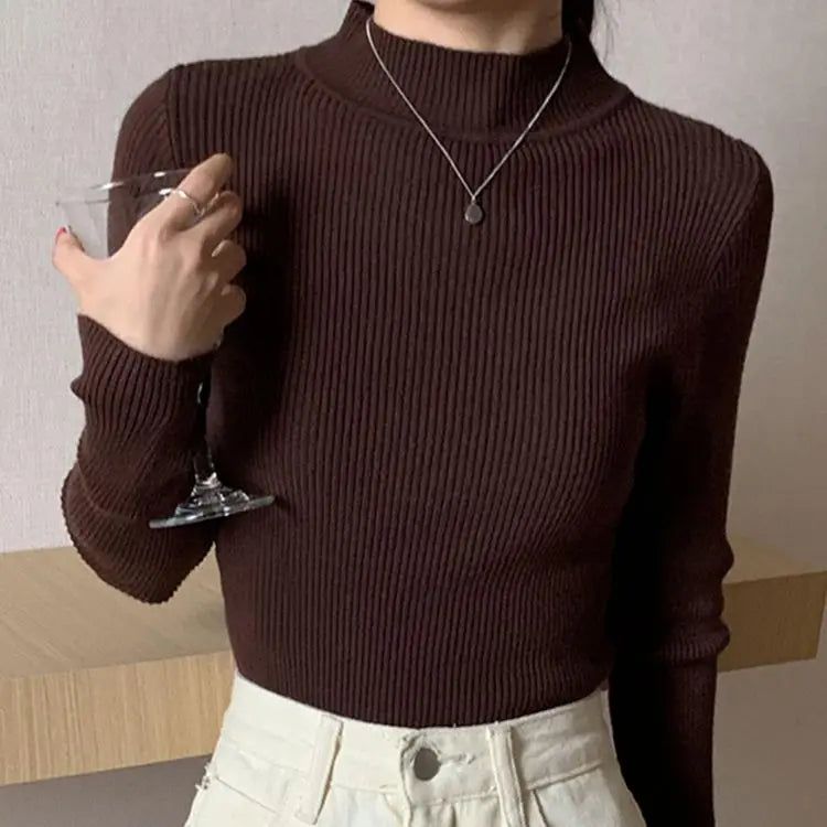 Autumn Winter Mock Neck Women Sweater Vintage Basic Solid Knitted Tops Casual Slim Pullover Korean Sweaters Simple Chic Jumpers Quick Pick Grocers