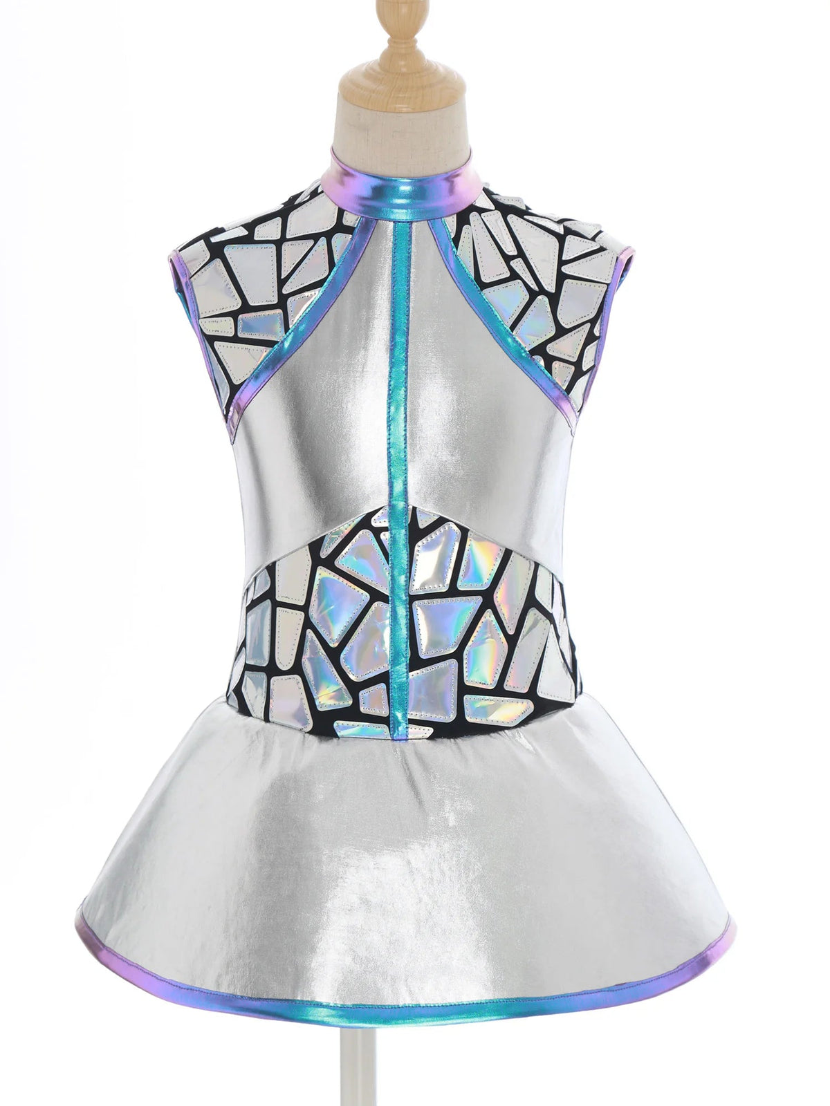 Girls Shiny Alien Outerspace Halloween Cosplay Costume Sleeveless Mock Zip Neck Tutu Dance Dress for Future World Party Quick Pick Grocers
