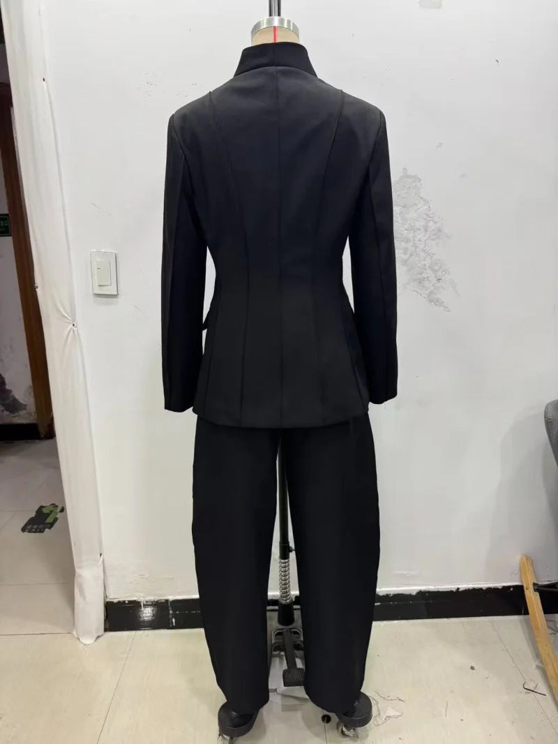 ETJ 2025 women's new fashion design three-dimensional cut high collar slim suit jacket & matching casual trousers Quick Pick Grocers