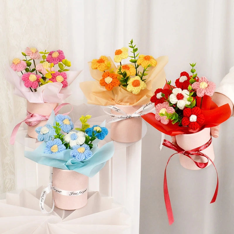 Knitted Flower Bouquet Crochet Rose Flowers Hugging Bucket New Year Gifts Living Room Desk Decoration Mother's Day Gift Quick Pick Grocers