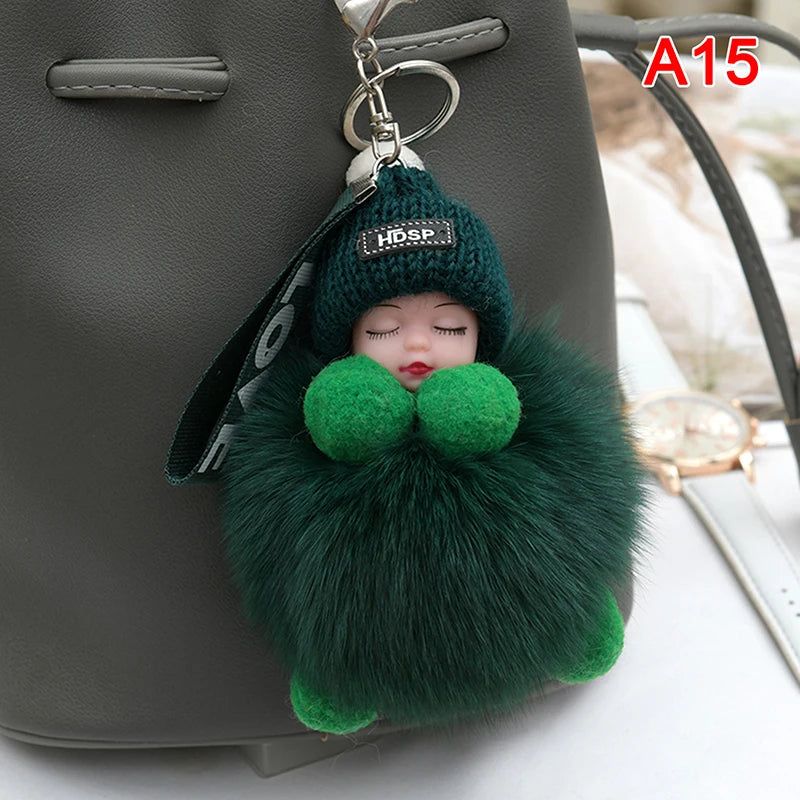 Pompom Sleeping Baby Keychain Cute Fluffy Plush Doll Keyholder Women Girl Bags Keyrings Cars Key Ring Gift Charming Decoration Quick Pick Grocers